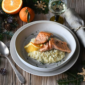 Lachsforelle auf Thymian-Orangen-Risotto mit Frischkäse