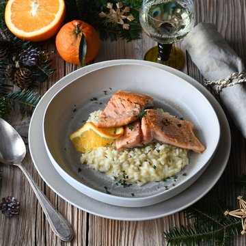 Lachsforelle auf Thymian-Orangen-Risotto mit Frischkäse