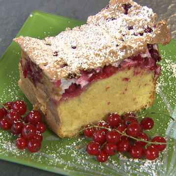 Ribiselkuchen mit Schneehaube angerichtet auf einem Teller mit Ribiseln