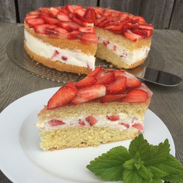 Erdbeer-Topfen-Torte auf einem Teller mit Minze angerichtet